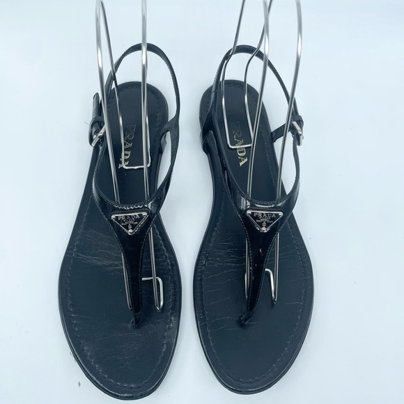 Prada Black Patent leather triangle logo embellished T strap thong sandals EU 41 - Picture 2 of 11